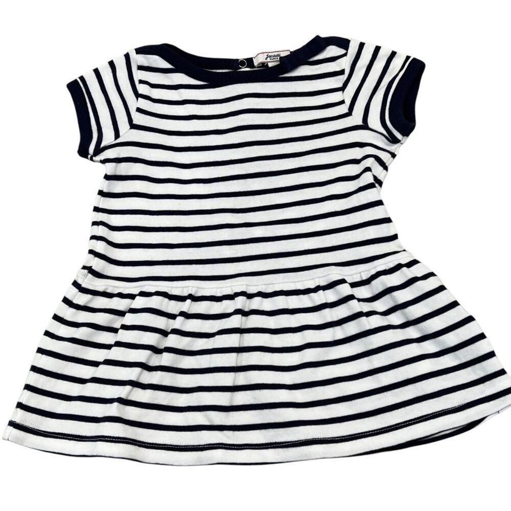 Jacadi Paris Baby Dress 12M Navy & White Cotton Short Sleeve Button Back